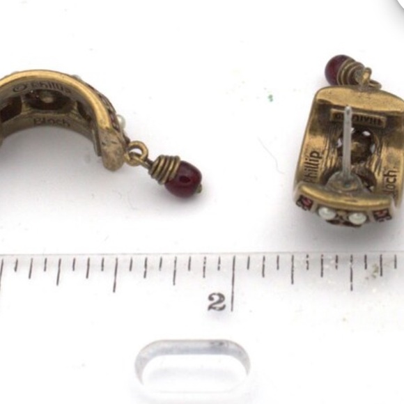 Designer Phillip Bloch Victorian Revival Red Garnet Post Hoop Earrings W Pearls - Picture 10 of 14